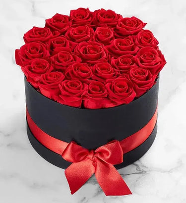 25 red roses black round box